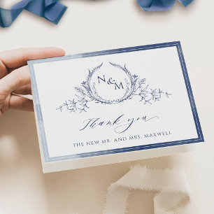Elegantes blaues Monogramm, Wasserfarbenhochzeit Dankeskarte