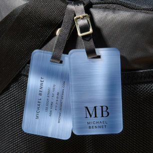 Elegantes blaues monogrammiertes Metall mit Bürste Gepäckanhänger