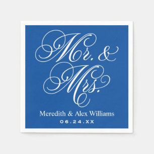 Elegantes Blaues Mr und Mrs Schrift Hochzeit Serviette