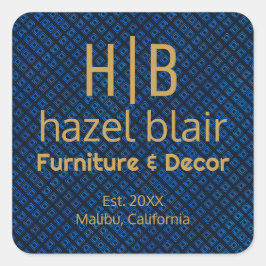 Elegantes blaues Muster | Gold Monogram Business L Quadratischer Aufkleber