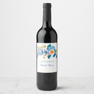 Elegantes blaues Pfirsichblumen Brautparty Weinkar Weinetikett
