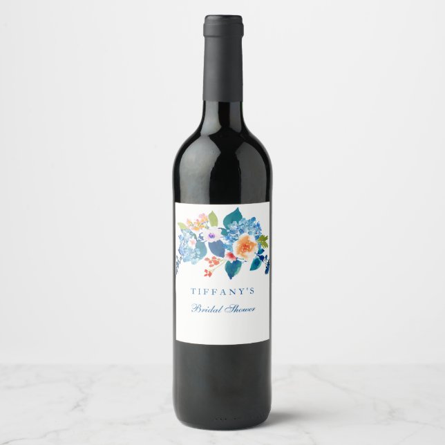 Elegantes blaues Pfirsichblumen Brautparty Weinkar Weinetikett (Vorderseite)
