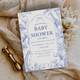 Elegantes Blaues Safari-Baby-Shower Toile de Jouy Einladung