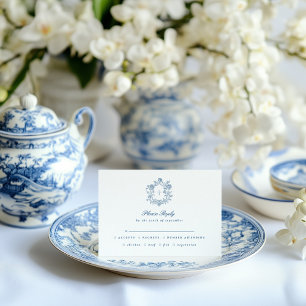 Elegantes blaues Schriftzug Blumenwappen Hochzeit RSVP Karte