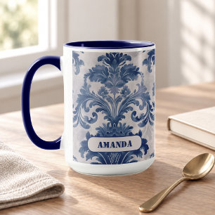 Elegantes Blaues Toile de Jouy Damast Monogramm Tasse