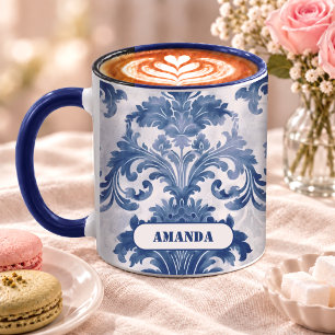 Elegantes Blaues Toile de Jouy Damast Monogramm Tasse