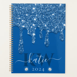 Elegantes Blaues tropfendes Glitter-Monogramm Planer