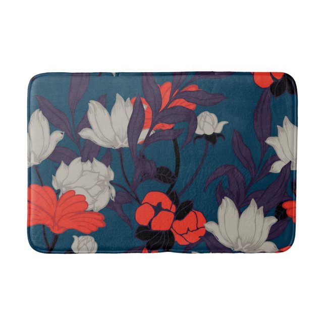 Elegantes blaues u. rotes Blumenmuster Badematte (Vorderseite)