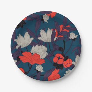 Elegantes blaues u. rotes Blumenmuster Pappteller