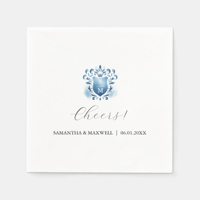 Elegantes blaues und Mit Monogramm Wappen Serviette (Vorderseite)
