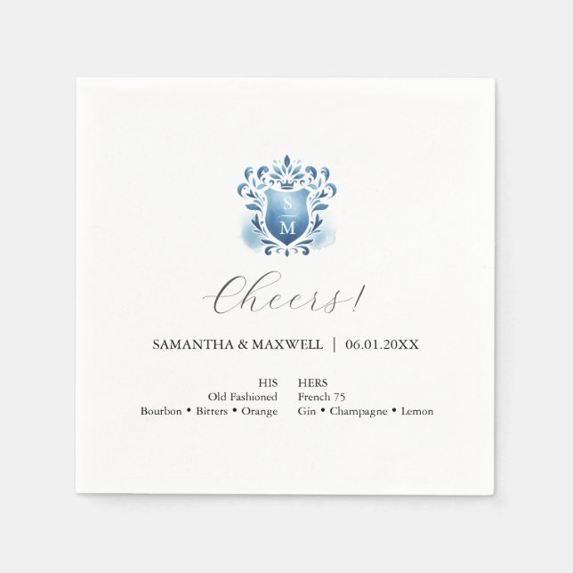 Elegantes blaues und Mit Monogramm Wappen Serviette (Vorderseite)