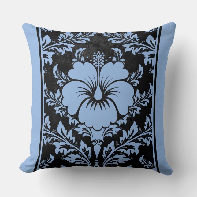 Elegantes blaues und schwarzes Damast Kissen (Vorderseite)