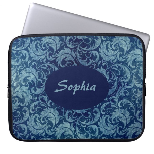 Elegantes Blaues Vintag Damask Muster Laptopschutzhülle (Vorderseite)