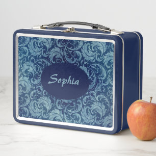 Elegantes Blaues Vintag Damask Muster Metall Brotdose