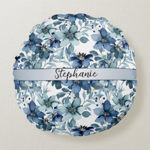 Elegantes blaues Vintage-Chintz-Muster-Monogramm Rundes Kissen