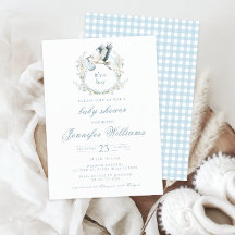 Elegantes blaues Wappen mit Stork Baby Boy Shower