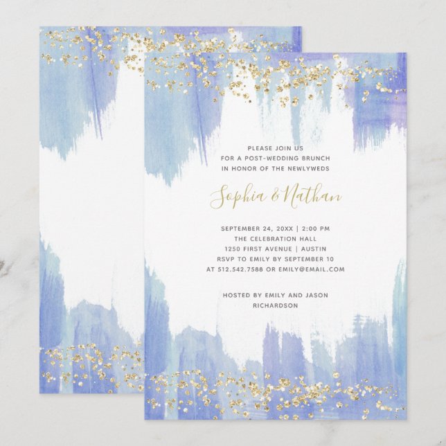 Elegantes blaues Wasser| Gold Post Wedding Brunch Einladung (Vorne/Hinten)