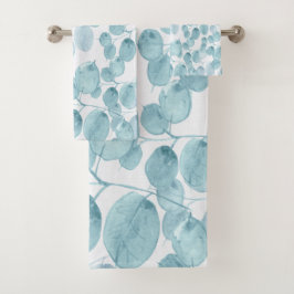 Elegantes Blaues Wasserfarben-Blätter Ditsy-Muster Badhandtuch Set