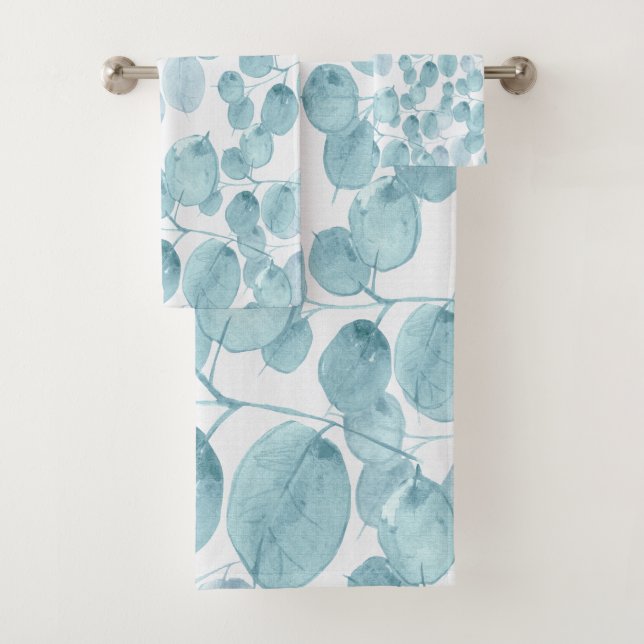 Elegantes Blaues Wasserfarben-Blätter Ditsy-Muster Badhandtuch Set (Insitu)