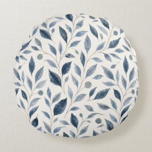 Elegantes blaues Wasserfarben-Blattmuster Rundes Kissen