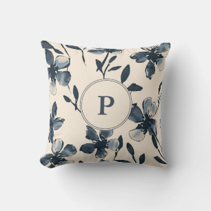 Elegantes blaues Wasserfarben-Blumenmonogramm Crem Kissen