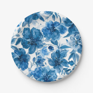 Elegantes blaues Wasserfarben-Blumenmuster Pappteller
