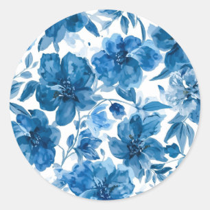 Elegantes blaues Wasserfarben-Blumenmuster Runder Aufkleber