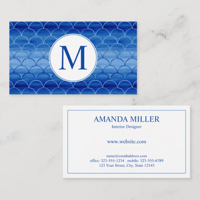 Elegantes, blaues Watercolor Scale Muster Monogram Visitenkarte (Vorne/Hinten)
