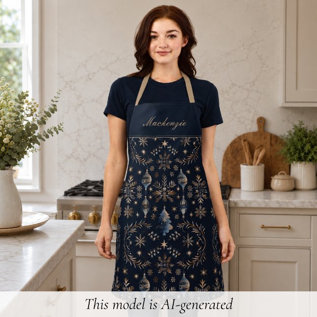Elegantes blaues Weihnachtsfest-Monogramm Schürze (elegant navy blue gold winter holiday Christmas pattern apron with custom monogram name in script)