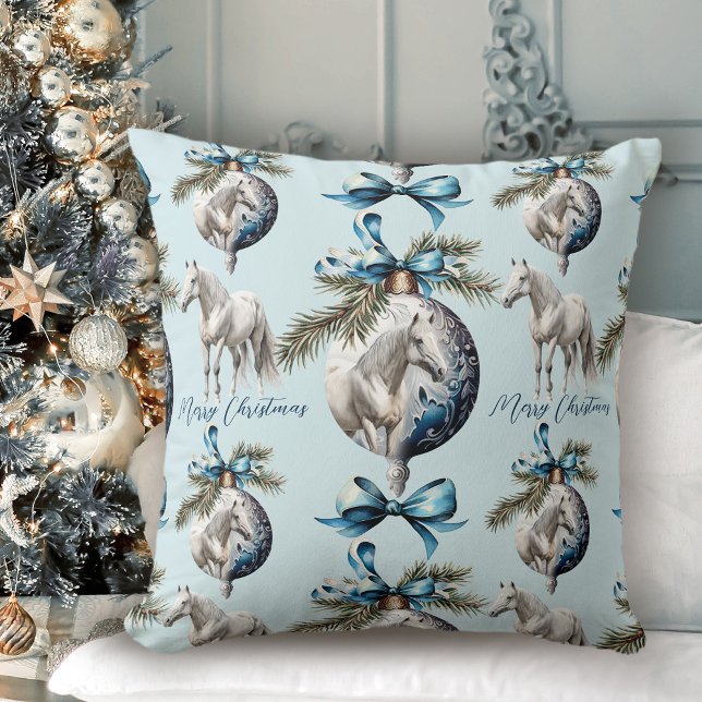 Elegantes blaues Weihnachtsweihpferd Kissen (Elegant blue Christmas white horse pattern Throw Pillow)