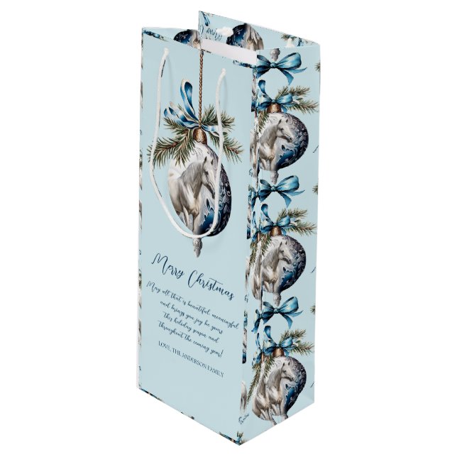 Elegantes blaues Weihnachtsweißpferd Geschenktüte Für Weinflaschen (Vorderseite Schrägansicht)