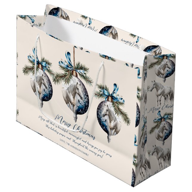 Elegantes blaues Weihnachtsweißpferd Große Geschenktüte (Vorderseite Schrägansicht)