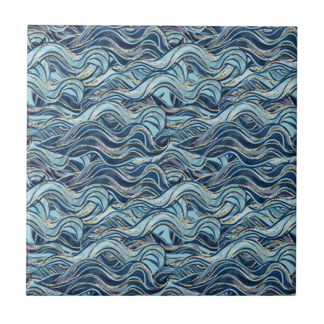 Elegantes blaues Wellenmuster mit goldenen Akzente Fliese (Vorderseite)