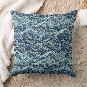 Elegantes blaues Wellenmuster mit goldenen Akzente Kissen