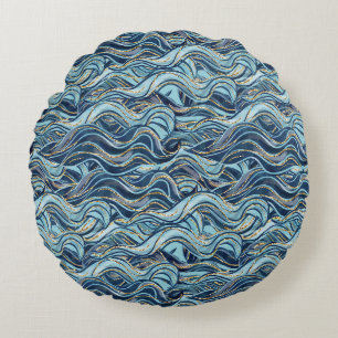 Elegantes blaues Wellenmuster mit goldenen Akzente Rundes Kissen