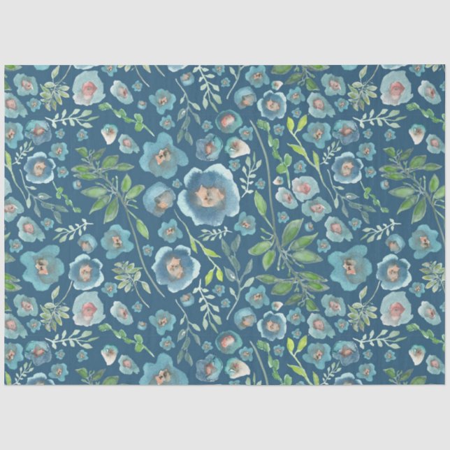 Elegantes blaugrünes, florales Wasserfarbmuster Seidenpapier (Vorderseite)
