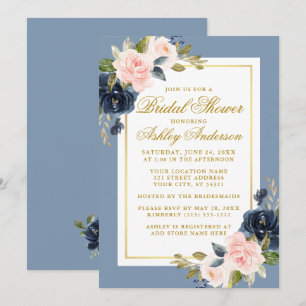 Elegantes blaurosa Brautparty Gold Einladung