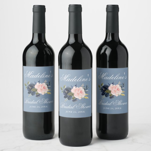Elegantes, blaurosa, florales Brautparty Weinetikett (Flaschen)