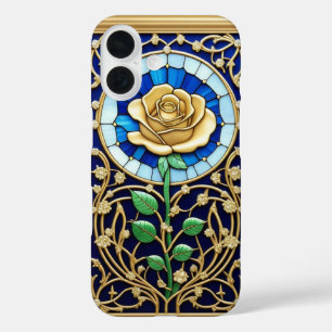 Elegantes Bleiglasfenster mit goldener Rose iPhone 16 Hülle