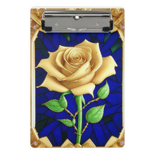 Elegantes Bleiglasfenster mit goldener Rose Mini Klemmbrett