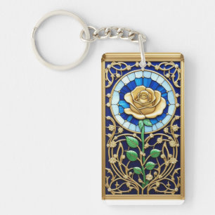 Elegantes Bleiglasfenster mit goldener Rose Schlüsselanhänger