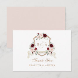 Elegantes Bloral Blush Burgundy Wedding Wappen Dankeskarte