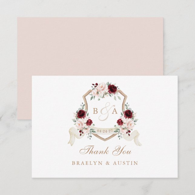 Elegantes Bloral Blush Burgundy Wedding Wappen Dankeskarte (Vorne/Hinten)