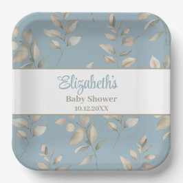 Elegantes Blue and Beige Blätter Baby Shower Pappteller