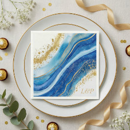 Elegantes Blue and Gold Aquarellmonogramm Napkin Serviette