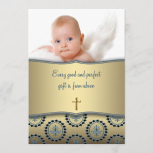 Elegantes Blue and Gold Baby Boy Foto Christening Einladung