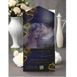 Elegantes Blue and Gold Custom Foto Wedding All In One Einladung