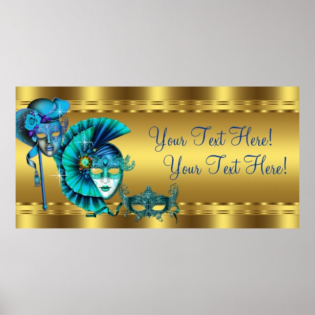 Elegantes Blue and Gold Masquerade Party Banner Poster (Vorne)