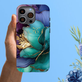 Elegantes Blue Aquamarin Lilac Gold Blume Monogram iPhone 16 Pro Max Hülle