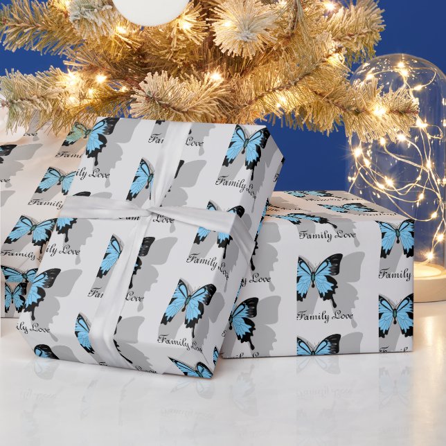 Elegantes Blue Backed Butterfly Shadow Monogramm Geschenkpapier (Feiertage)